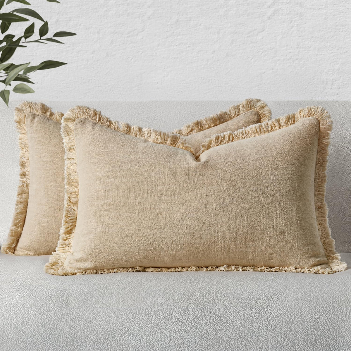 MIULEE Linen Fringe Decorative Throw Pillow Covers Natural Beige 20x20