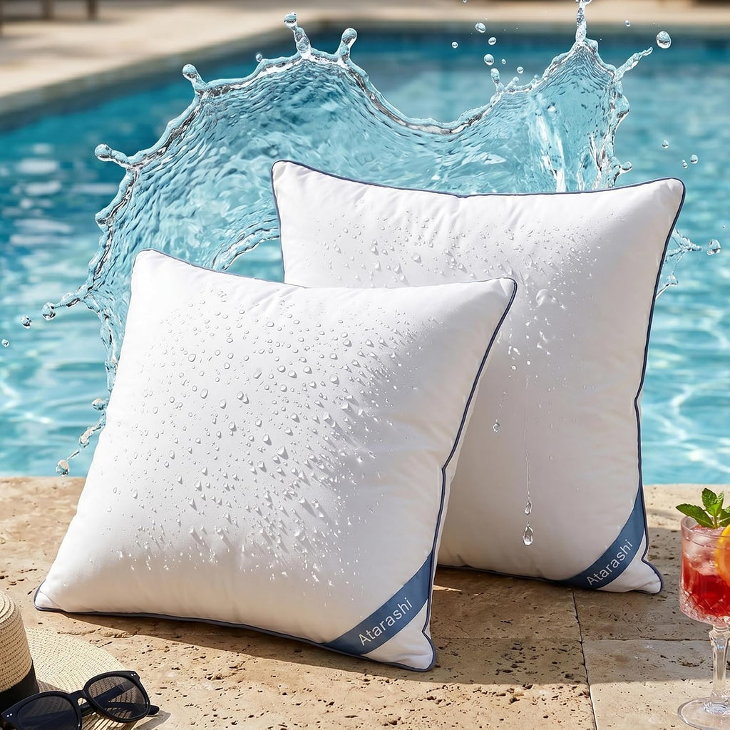Atarashi 18 x 18 Outdoor Pillow Inserts (Pack of 2)- Waterproof Firm and Fluffy Square Throw Pillows - Decorative Pillow Forms for Couch Sofa Bed Patio Furniture - White
