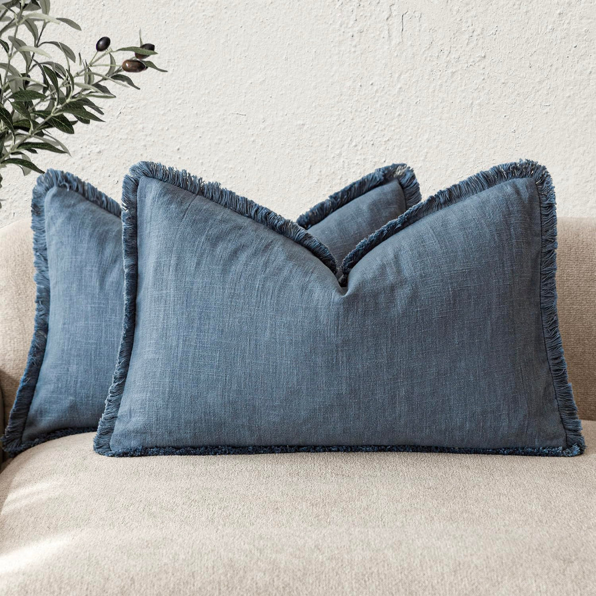 Foindtower Decorative Linen Fringe Throw Pillow Covers 18×18 Olive Green