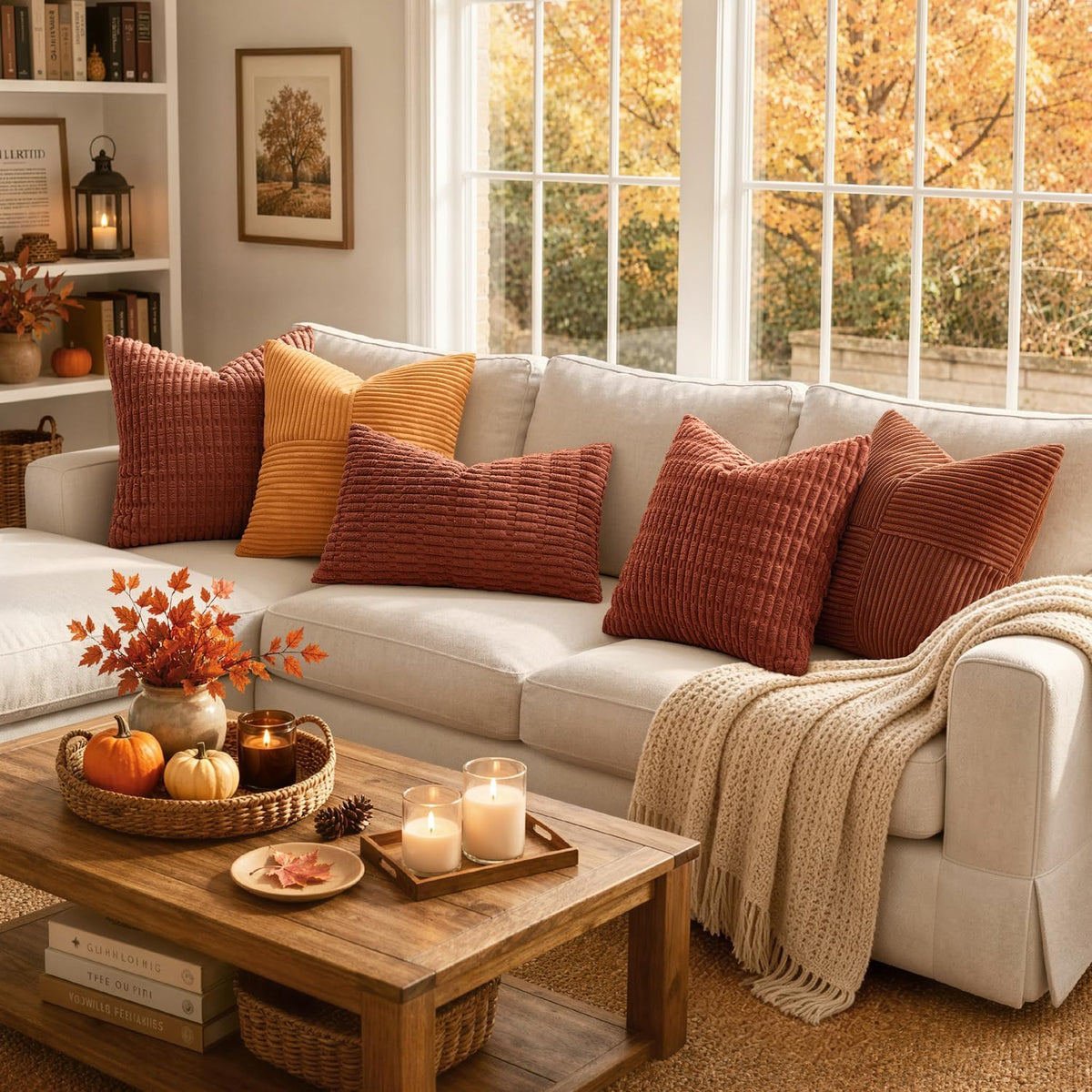 MIULEE Fall Corduroy Decorative Throw Pillow Covers 18x18 Rust Pack of 2