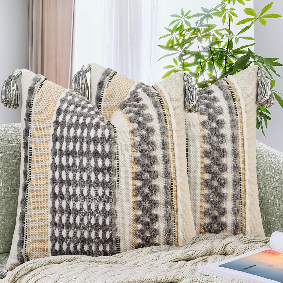AmHoo Set of 2 Chenille Striped Textured Boho Throw Pillow Covers Aesthetic with Tassels Woven Decorative Pillow Case for Couch Bed Sofa Bedroom Modern Funky 18 x 18-Inch Brown