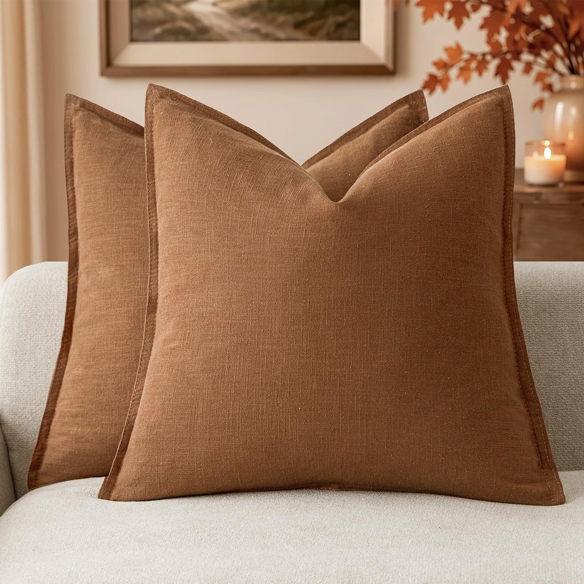 Foindtower Linen Solid Decorative Throw Pillow Covers 20x20 Natural Beige