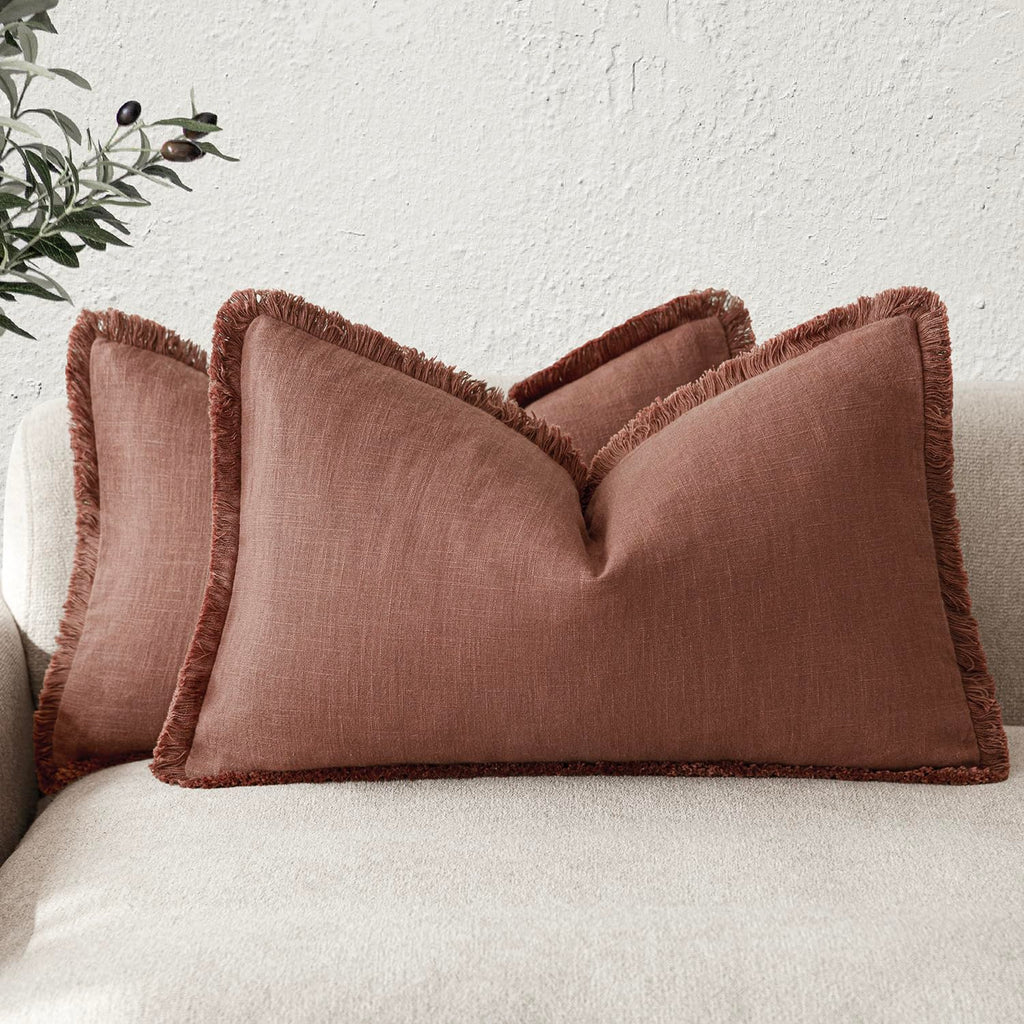 Foindtower Decorative Linen Fringe Throw Pillow Covers 18×18 Olive Green