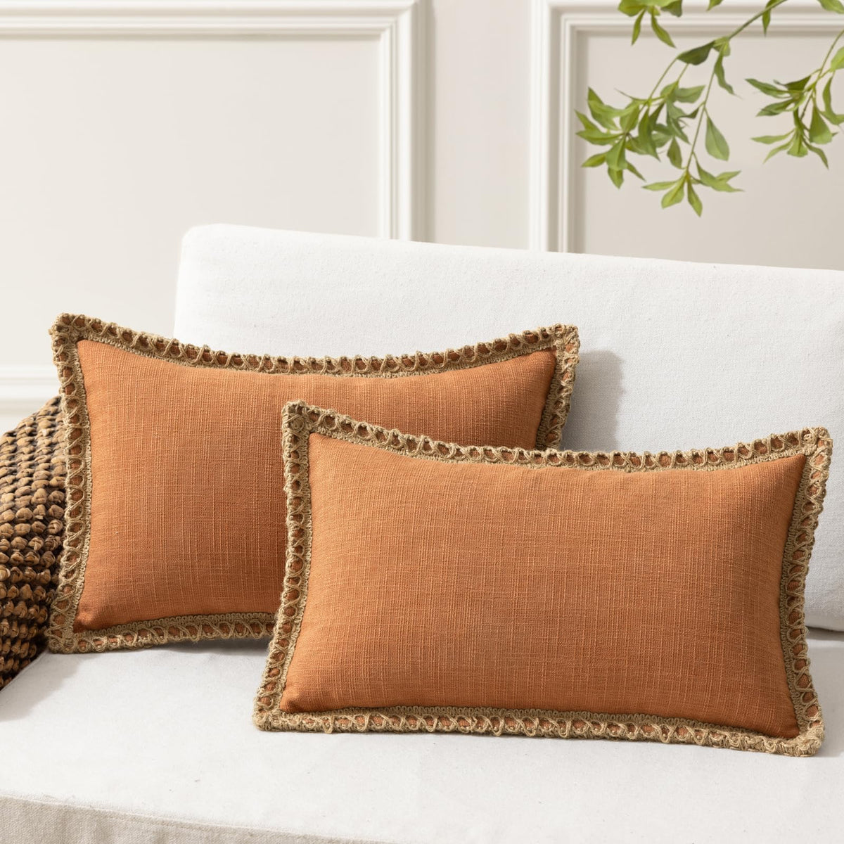 Phantoscope Pack of 2 Farmhouse Decorative Solid Throw Decorative Pillow Cover Burlap Linen Trimmed Tailored Edges Navy Blue 18 x 18 inches, 45 x 45 cm