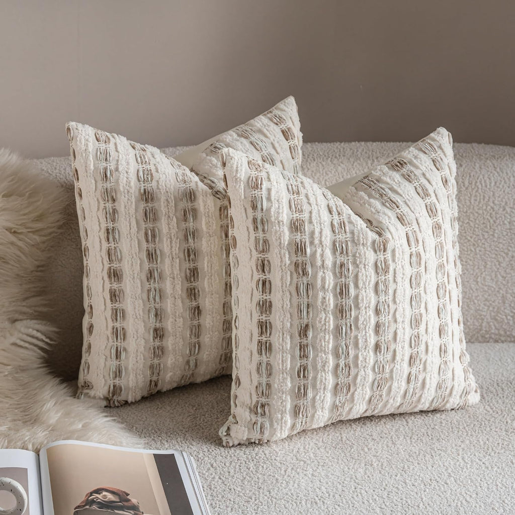 Caflife Beige Striped Chenille Boho Throw Pillow Covers 18x18 Inch Set of 2