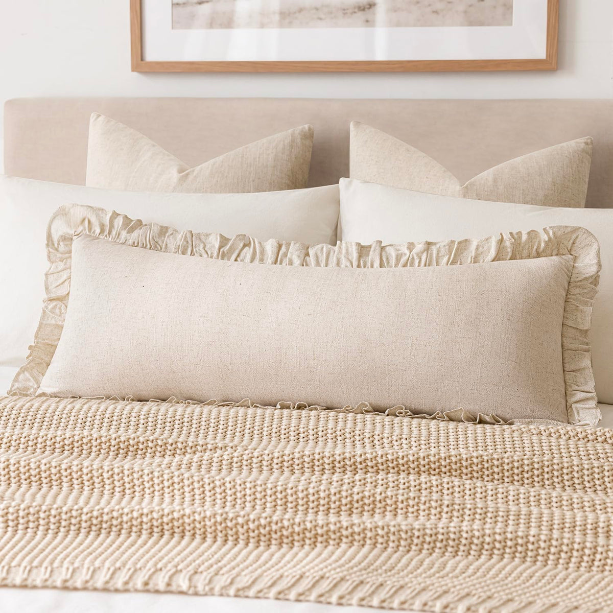 Foindtower Set of 2 Decorative Soild Fringe Ruffle Throw Pillow Covers Soft Boho Farmhouse Cushion Cover Cozy Accent Retro Pillowcase for Couch Sofa Bed Living Room Home Decor,20×20 Inch,Natural Beige