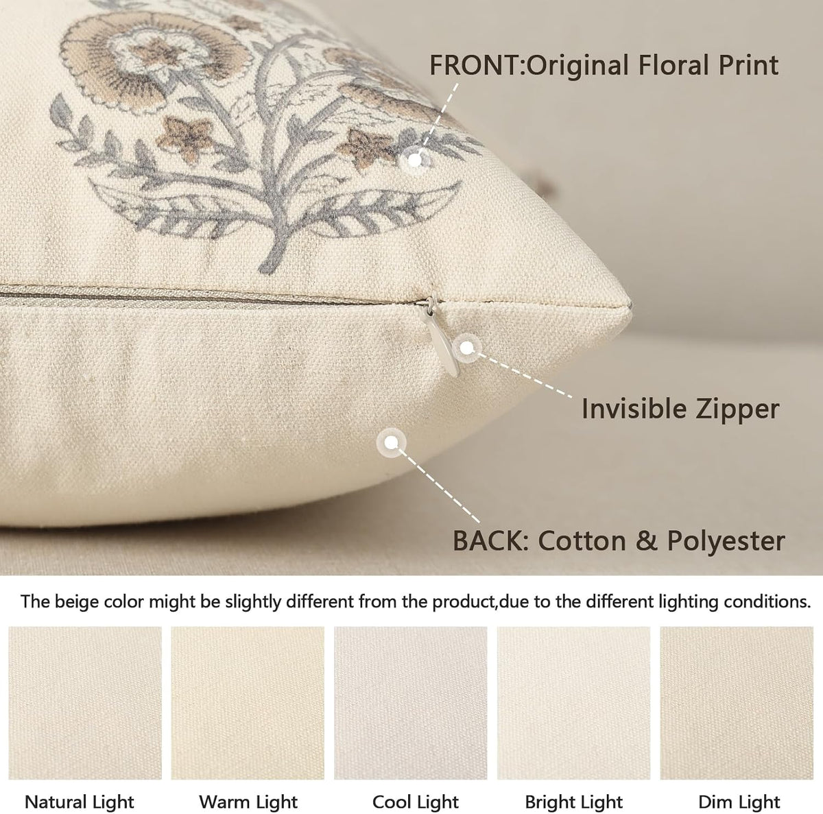 Vintage Floral Print Fall Pillow Covers 20x20 Set of 2 Patterned Accent Decorative Cushion Covers Modern Farmhouse Throw Pillow Covers for Sofa Couch Chair Bed Living Room Home Decor, Light Brown
