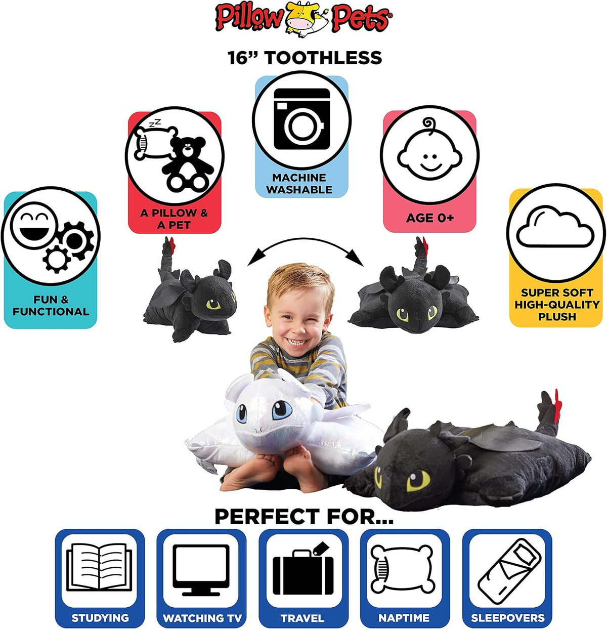 Pillow Pets NBCUniversal How to Train Your Dragon Toothless, 16" Plush Toy