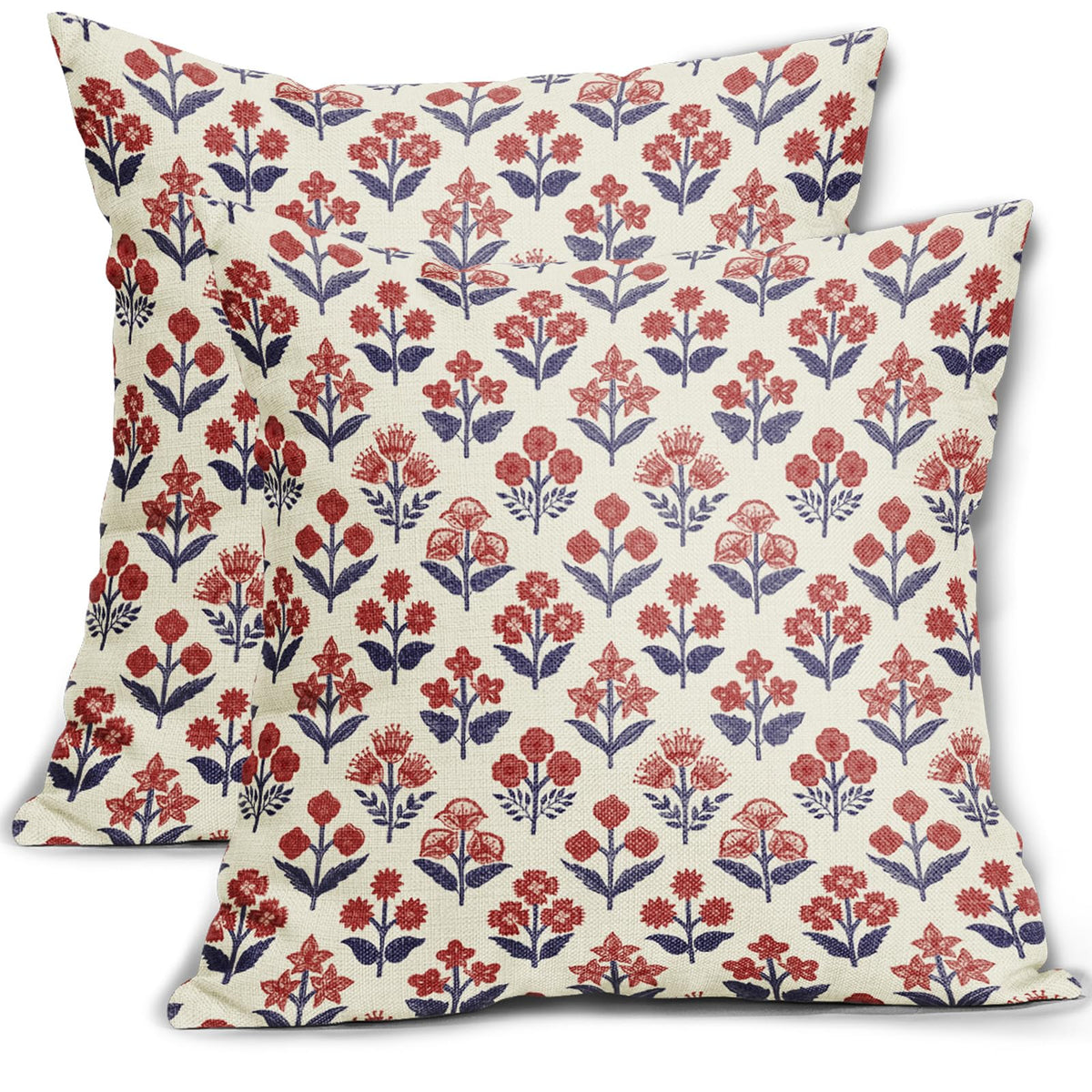 Blue Green Block Print Pillow Covers 18x18 Inch Set of 2, Vintage Floral Spring Decorative Throw Pillow Cases Boho Cushion Covers Rustic Decoration Gift Farmhouse Sofa Couch Bed Decor