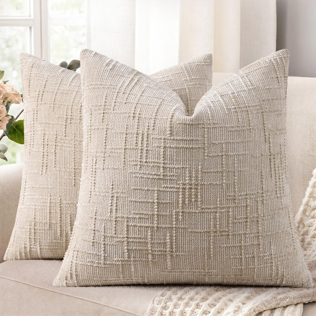 decorUhome Textured Chenille Throw Pillow Covers 18x18 Set of 2 Cream White