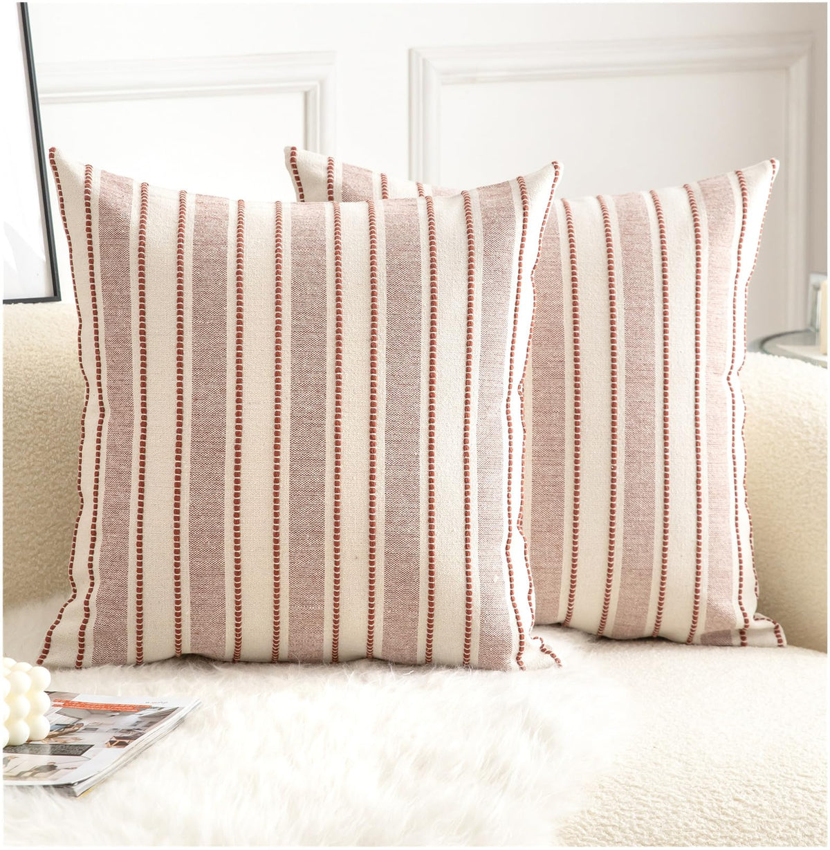 Cethom Decorative Boho Throw Pillow Covers, Farmhouse Textured Pillow Case, 20 x 20 Inch Set of 2, Chair Sofa Bedroom Living Room Home Decor Couch Cushion Case, Classic Blue and Beige Striped