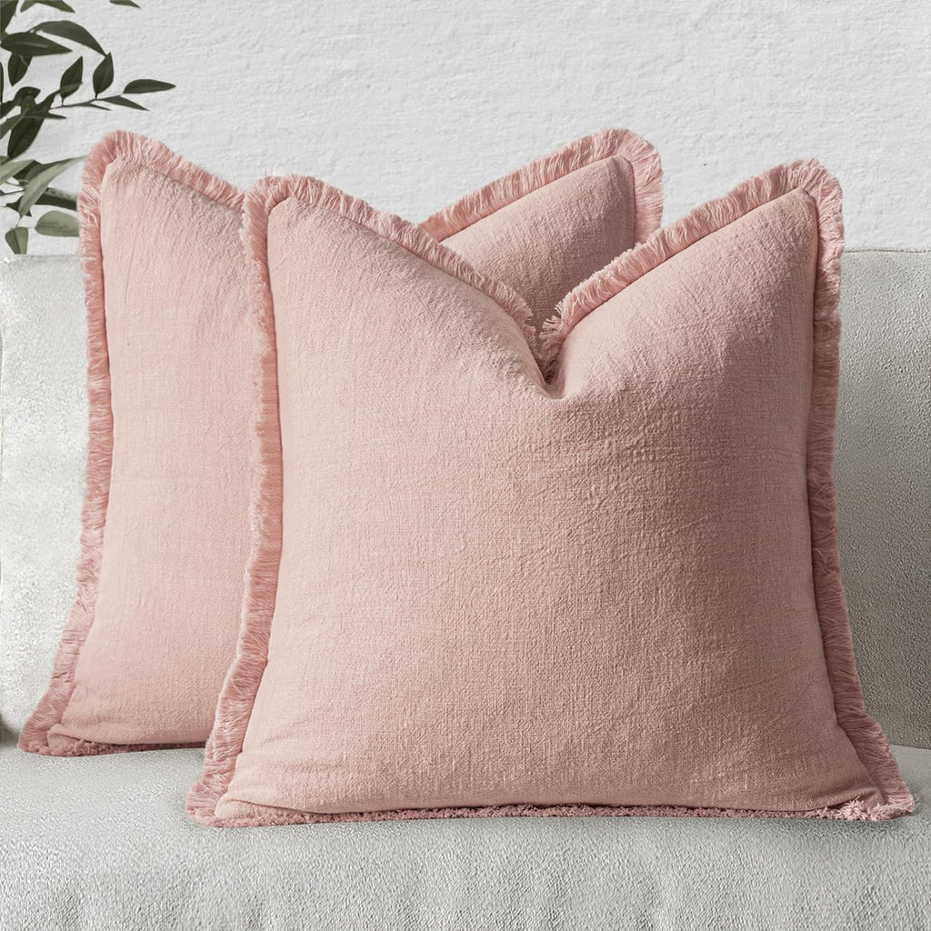 MIULEE Linen Fringe Decorative Throw Pillow Covers Natural Beige 20x20