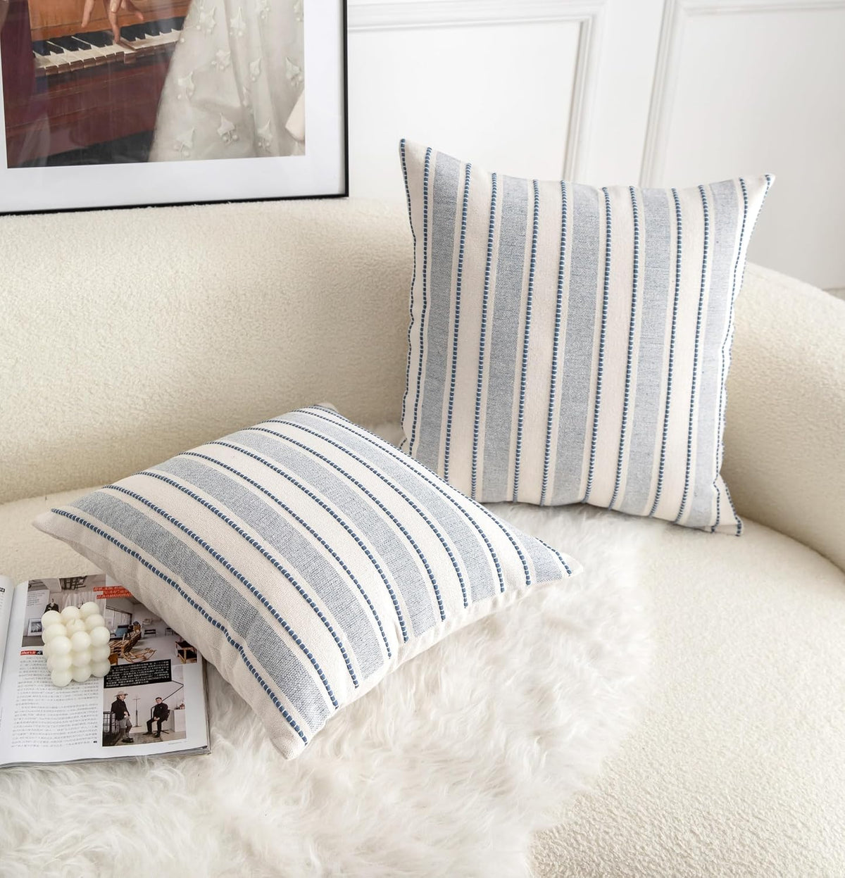 Cethom Decorative Boho Throw Pillow Covers, Farmhouse Textured Pillow Case, 20 x 20 Inch Set of 2, Chair Sofa Bedroom Living Room Home Decor Couch Cushion Case, Classic Blue and Beige Striped