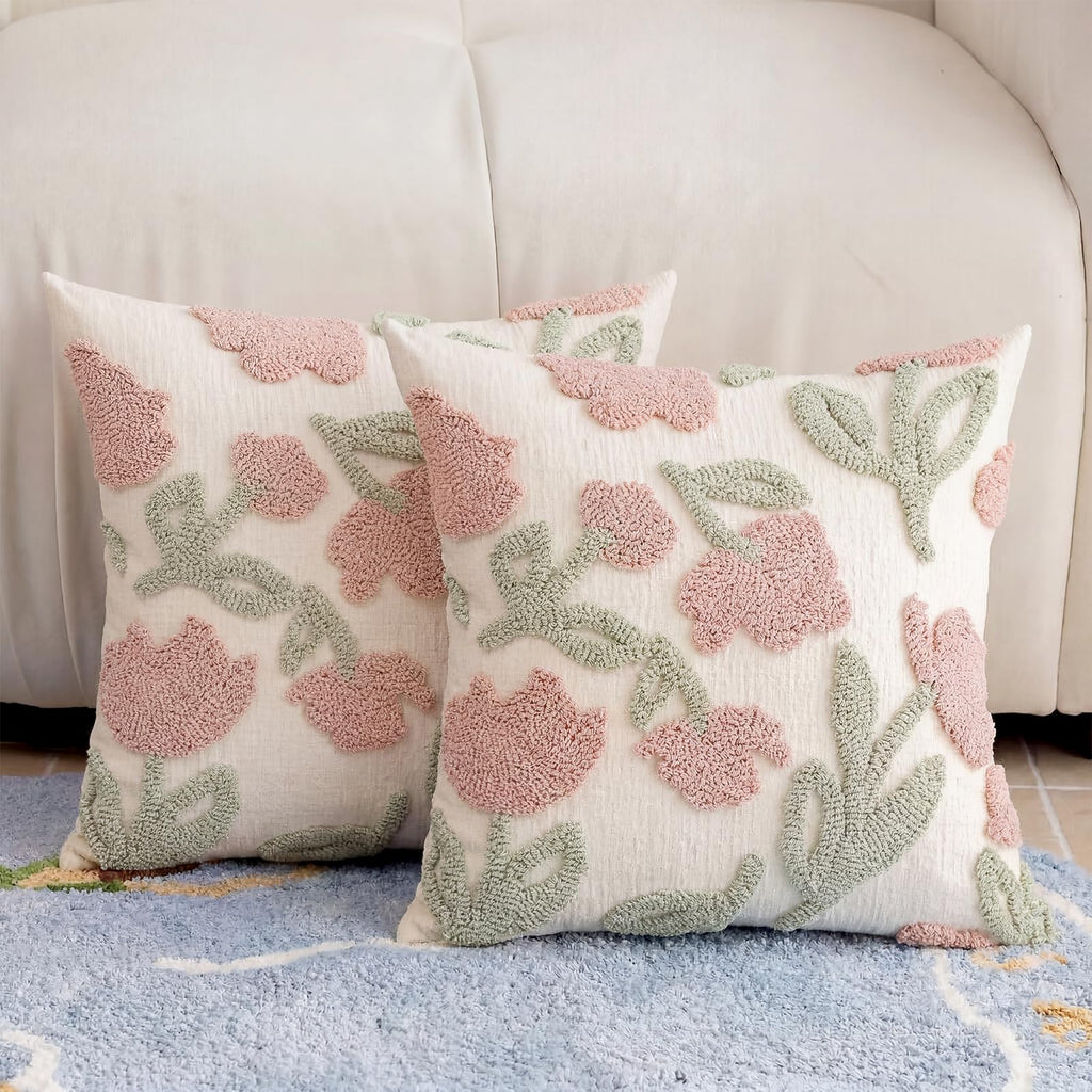 Premium Chenille Embroidered Throw Pillow Covers 18x18 Set of 2, Thick 3D Tufted Pink Floral Decorative Cushion Covers with Hidden Zipper for Couch Sofa Bed Living Room Boho Home Decor
