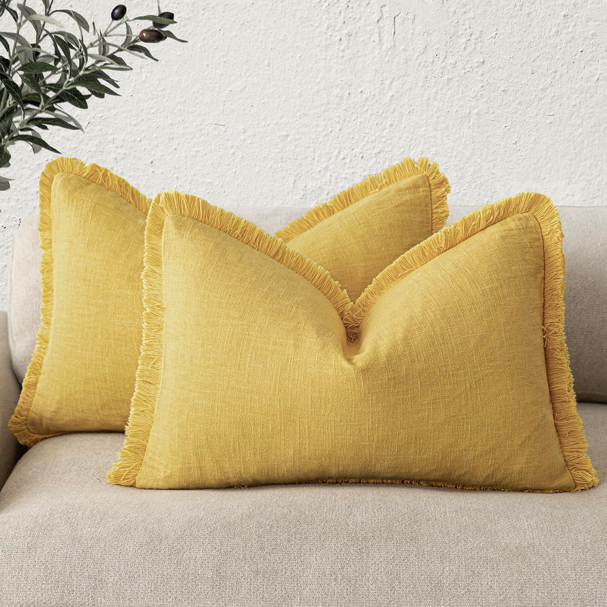 Foindtower Decorative Linen Fringe Throw Pillow Covers 20×20 Inch,Beige