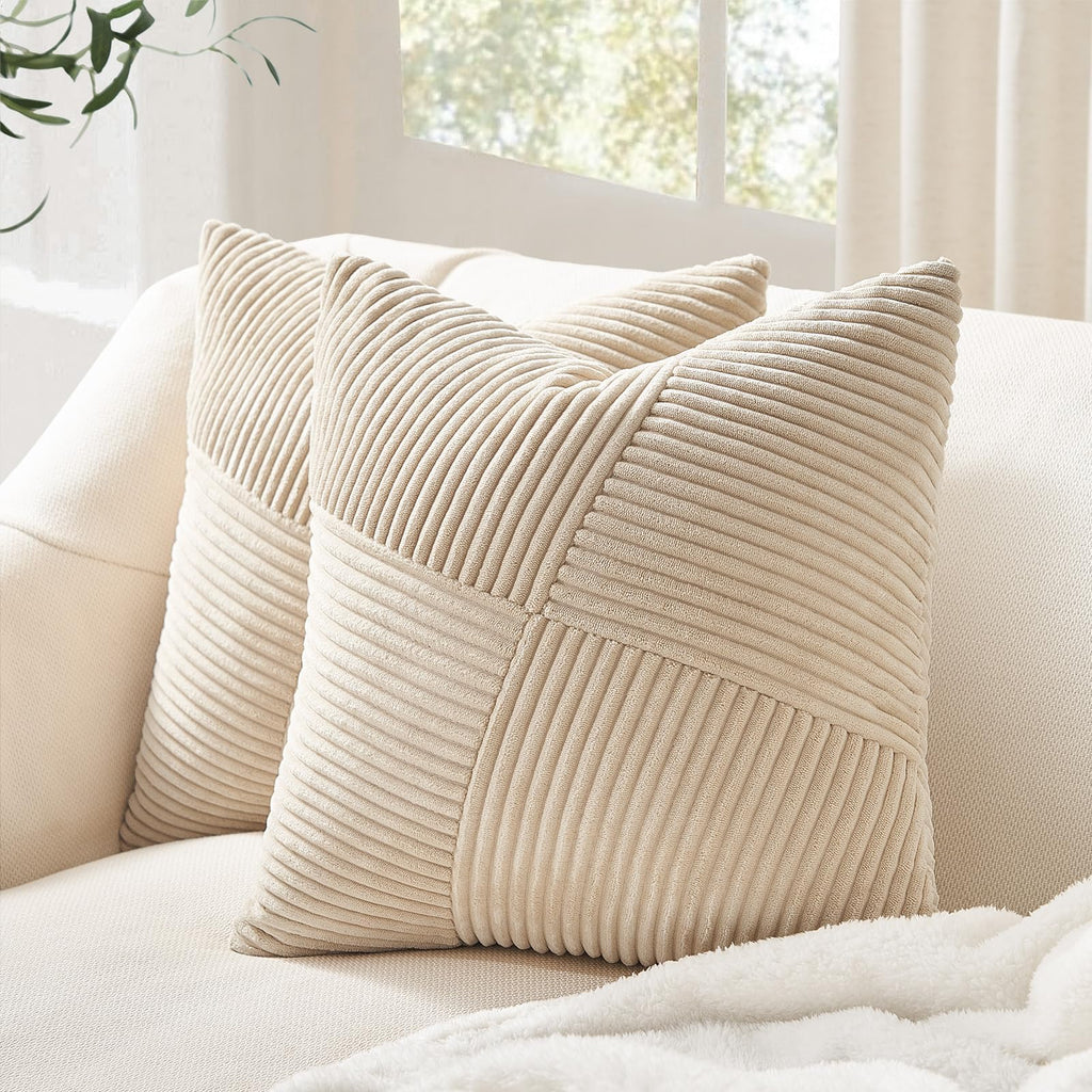 Topfinel Olive Green Decorative Throw Pillow Covers Set of 2 18x18 Inches for Couch Bed Sofa, Boho Aesthetic Home Decor, Soft Corduroy Striped Patchwork Windmill Textured Cushion Cases 45x45 cm