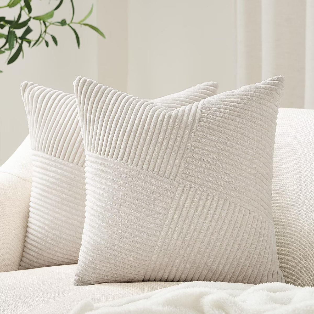 Topfinel Olive Green Decorative Throw Pillow Covers Set of 2 18x18 Inches for Couch Bed Sofa, Boho Aesthetic Home Decor, Soft Corduroy Striped Patchwork Windmill Textured Cushion Cases 45x45 cm