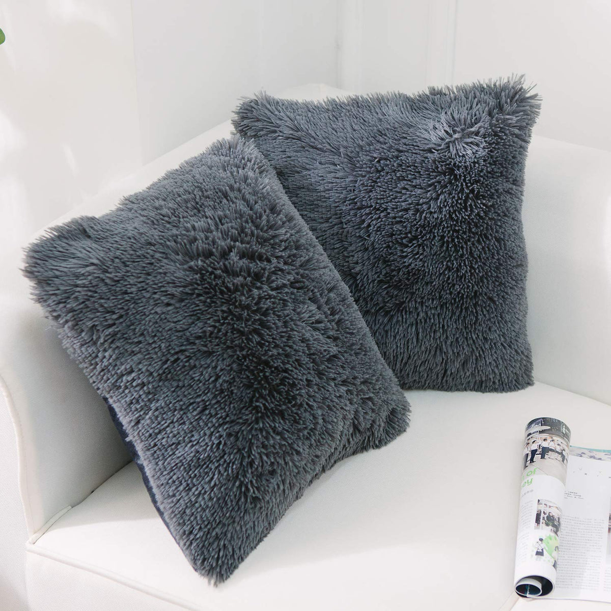 NordECO HOME Luxury Soft Faux Fur Fleece Cushion Cover Pillowcase Spring Decorative Throw Pillows Covers, No Pillow Insert, 18" x 18" Inch, White, 2 Pack