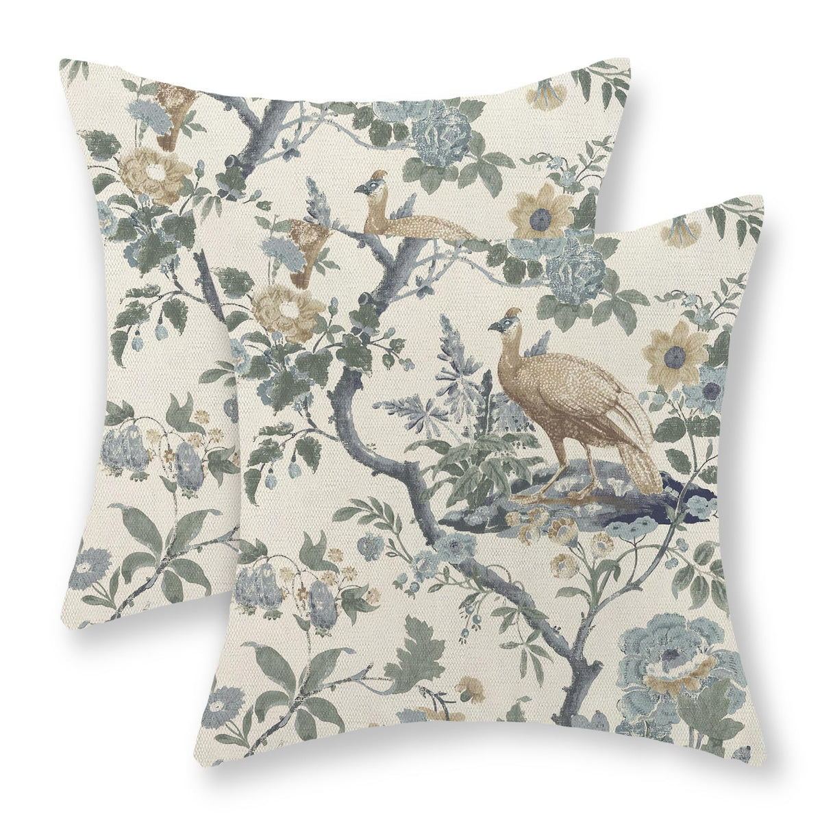 Chinoiserie Pillow Covers 18x18 Set of 2 Blue Green Bird Floral Throw Pillows Vintage Blue Flowers Decorations Outdoor Pillowcase Chinoiserie Decor Farmhouse Linen Cushion Case for Couch Home