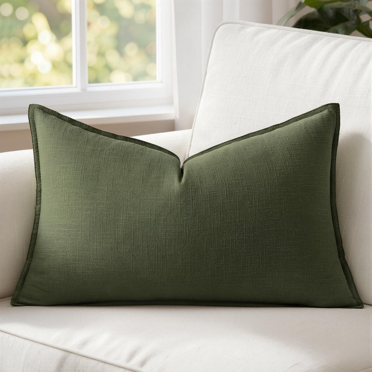 MIULEE Decorative Linen Lumbar Pillow Cover 14x36 Inch Dark Olive Green