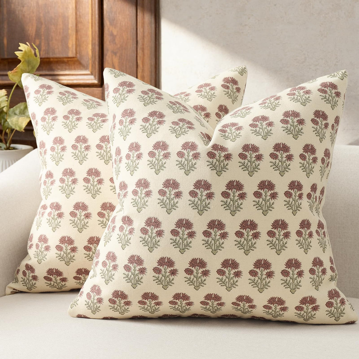 Farmhouse Floral Pillow Covers 18x18 Set of 2, Country Botanical Throw Pillow Cover for Sofa Couch Bed Living Room, Rustic Vintage Flower Cushion Covers Cottage Home Decor,Vintage Walnut