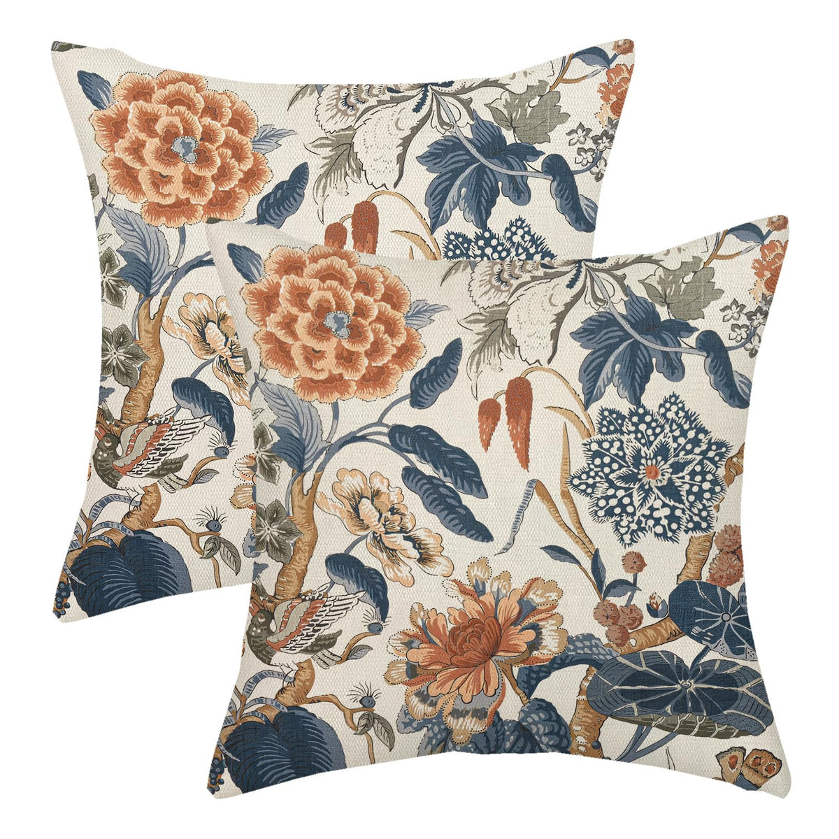 Chinoiserie Pillow Covers 18x18 Set of 2 Blue Green Bird Floral Throw Pillows Vintage Blue Flowers Decorations Outdoor Pillowcase Chinoiserie Decor Farmhouse Linen Cushion Case for Couch Home
