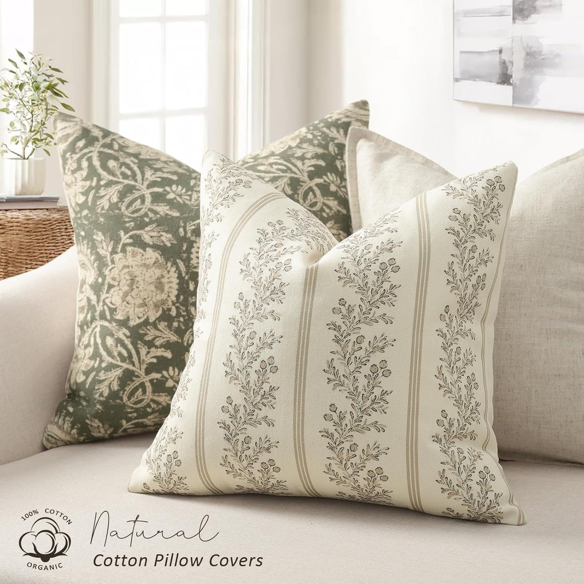 Vintage Throw Pillow Covers 18x18 Set of 2, Striped Floral Pillow Cover Botanical Patterned Decorative Cushion Covers Modern Farmhouse Home Decor for Sofa Couch Bed Living Room, Light Brown