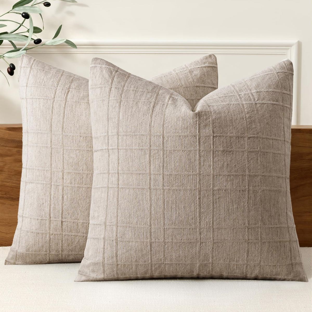 MIULEE Linen Plaid Pillow Covers Decorative 20x20 Natural Beige