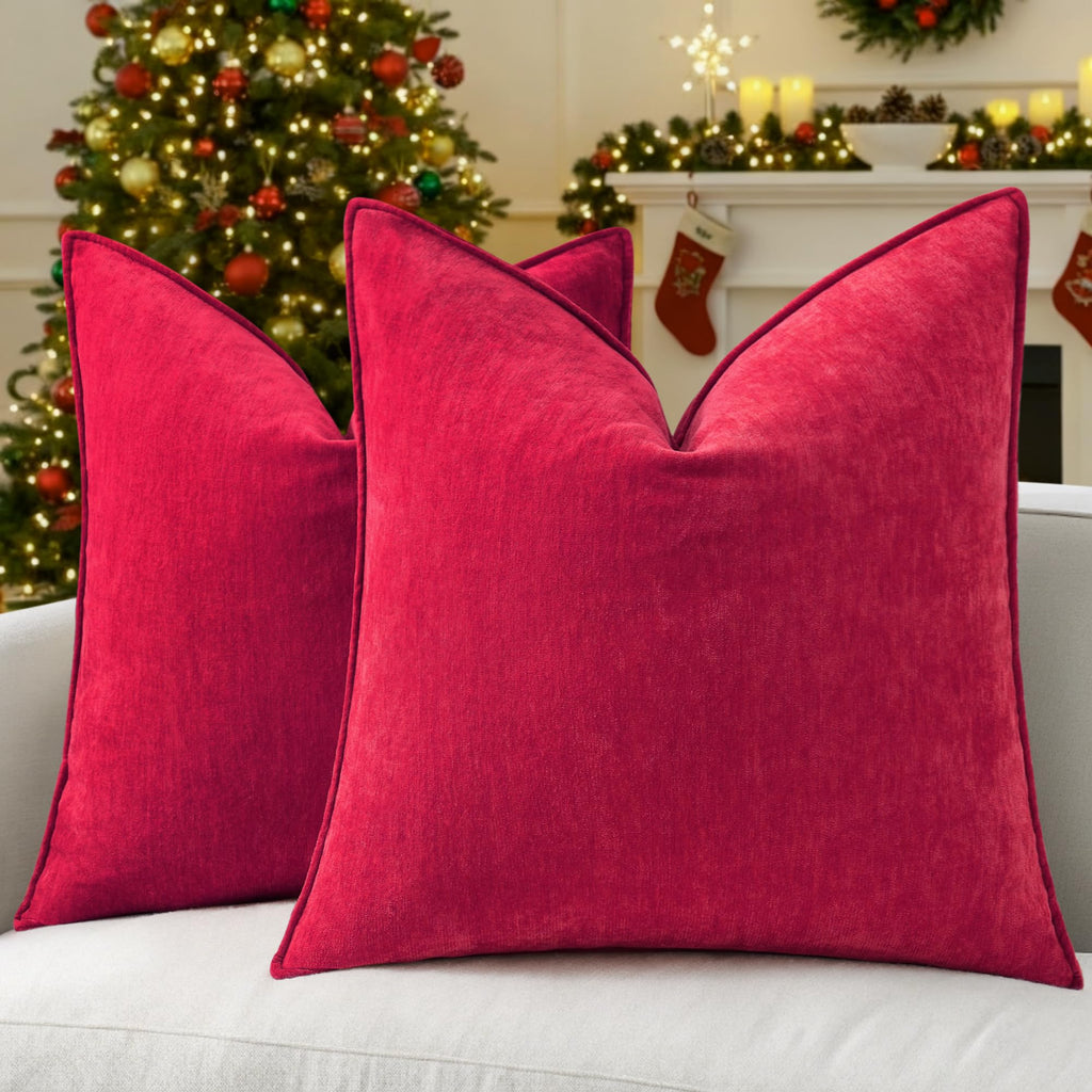 decorUhome Chenille Beige Velvet Throw Pillow Covers 18x18 Set of 2