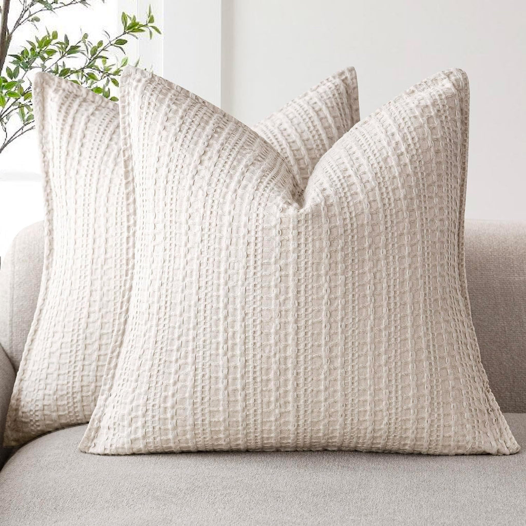 Foindtower Set of 2 Decorative Cotton Waffle Weave Textured Throw Pillow Covers Euro Sham Cushion Covers Accent European Pillowcase For Bed Couch Sofa Bedroom Living Room Home Decor 18×18 Inch Oatmeal