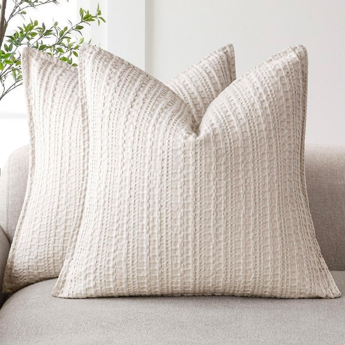 Foindtower Set of 2 Decorative Cotton Waffle Weave Textured Throw Pillow Covers Euro Sham Cushion Covers Accent European Pillowcase For Bed Couch Sofa Bedroom Living Room Home Decor 18×18 Inch Oatmeal