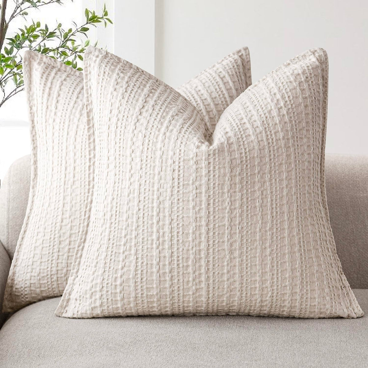 Foindtower Set of 2 Decorative Cotton Waffle Weave Textured Throw Pillow Covers Euro Sham Cushion Covers Accent European Pillowcase For Bed Couch Sofa Bedroom Living Room Home Decor 18×18 Inch Oatmeal