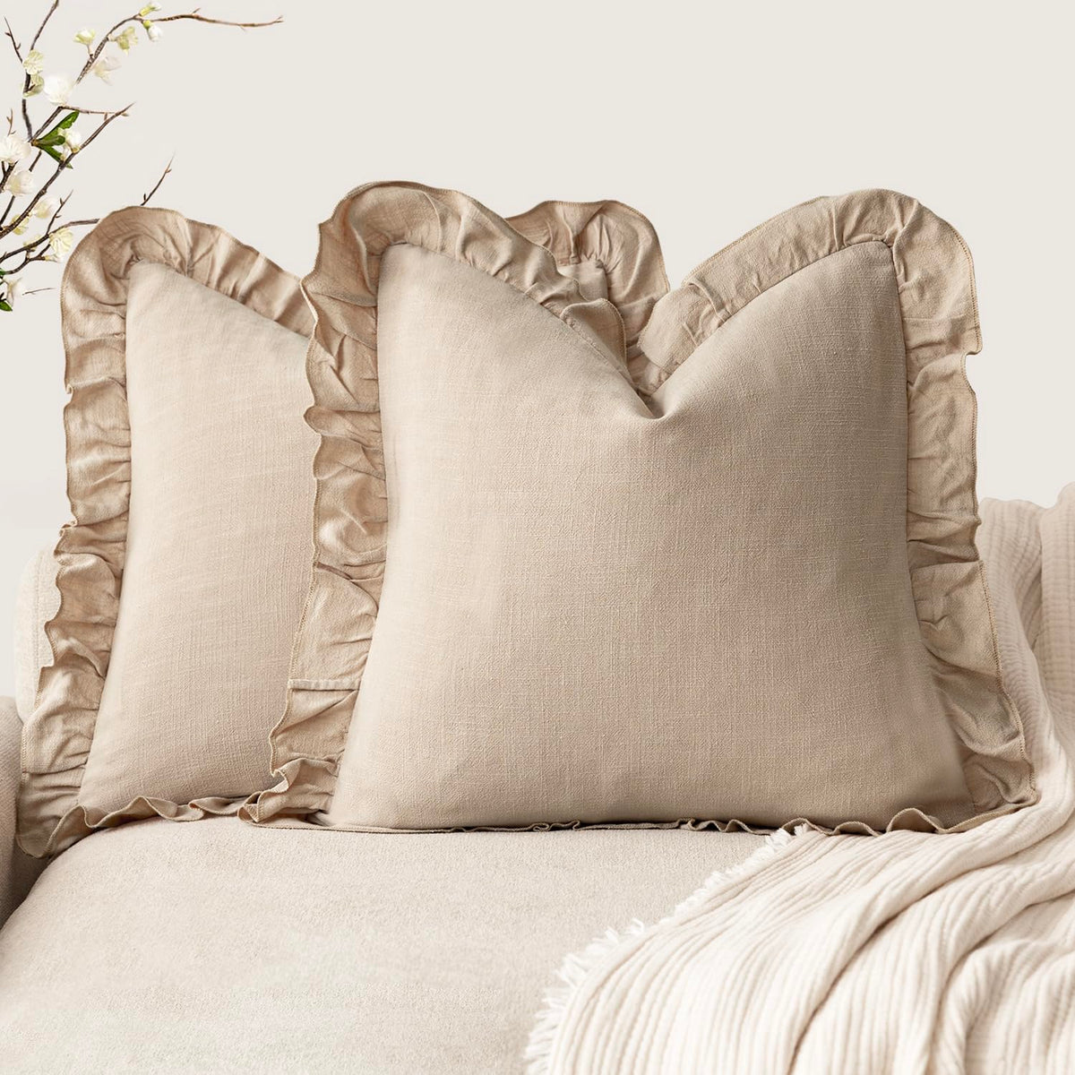 Foindtower Set of 2 Decorative Soild Fringe Ruffle Throw Pillow Covers Soft Boho Farmhouse Cushion Cover Cozy Accent Retro Pillowcase for Couch Sofa Bed Living Room Home Decor,20×20 Inch,Natural Beige