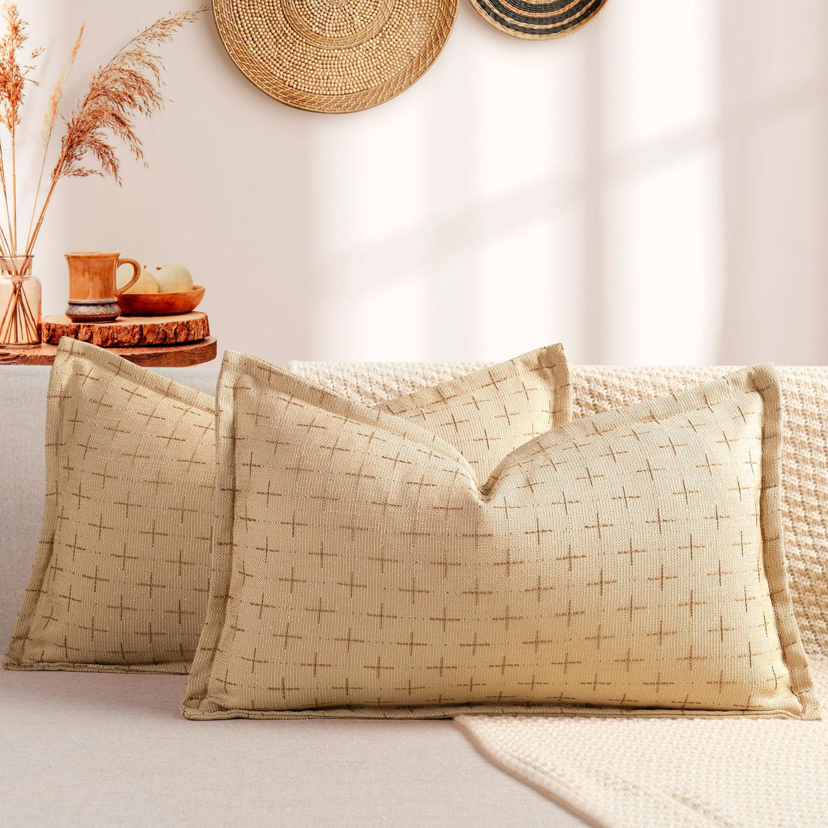 ZWJD Fall Pillow Covers 20x20 Set of 2 Soft Polyester Textured Rust Pillow Covers with Stylish Flange Edge Cozy Farmhouse Throw Pillows for Couch Bed Sofa Living Room Fall Decor