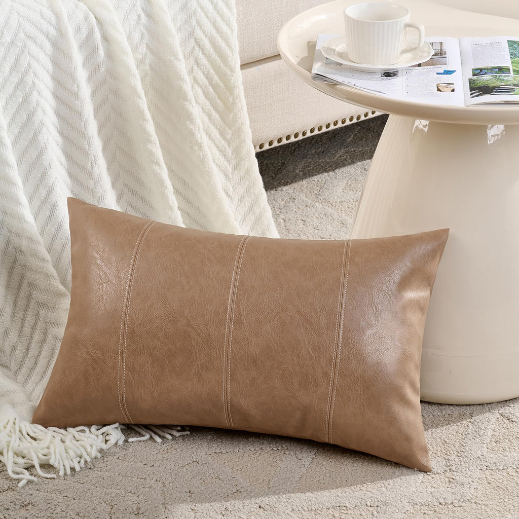 Fancy Homi Brown Boho Long Lumbar Faux Leather Body Decorative Throw Pillow Cover 14x36 Inch for Bedroom Couch Bed Sofa Bench, Hand Stitched Stylish Pillowcase, Rustic Modern Farmhouse Room Decor