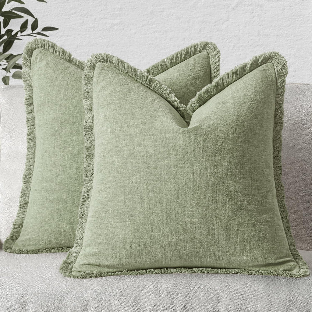 MIULEE Linen Fringe Decorative Throw Pillow Covers Natural Beige 20x20
