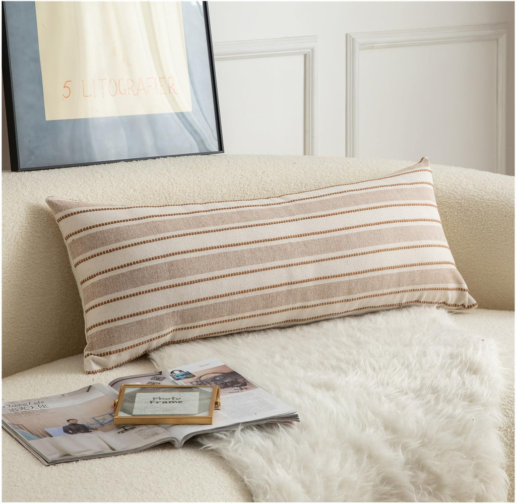 Cethom Decorative Boho Throw Pillow Covers, Farmhouse Textured Pillow Case, 20 x 20 Inch Set of 2, Chair Sofa Bedroom Living Room Home Decor Couch Cushion Case, Classic Blue and Beige Striped