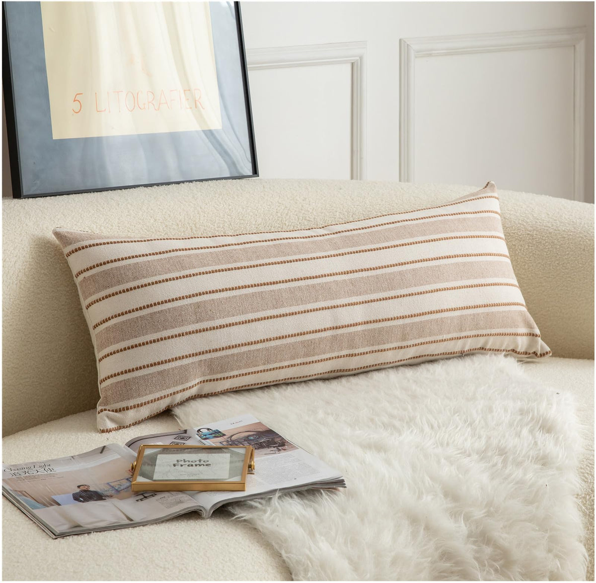Cethom Decorative Boho Throw Pillow Covers, Farmhouse Textured Pillow Case, 20 x 20 Inch Set of 2, Chair Sofa Bedroom Living Room Home Decor Couch Cushion Case, Classic Blue and Beige Striped