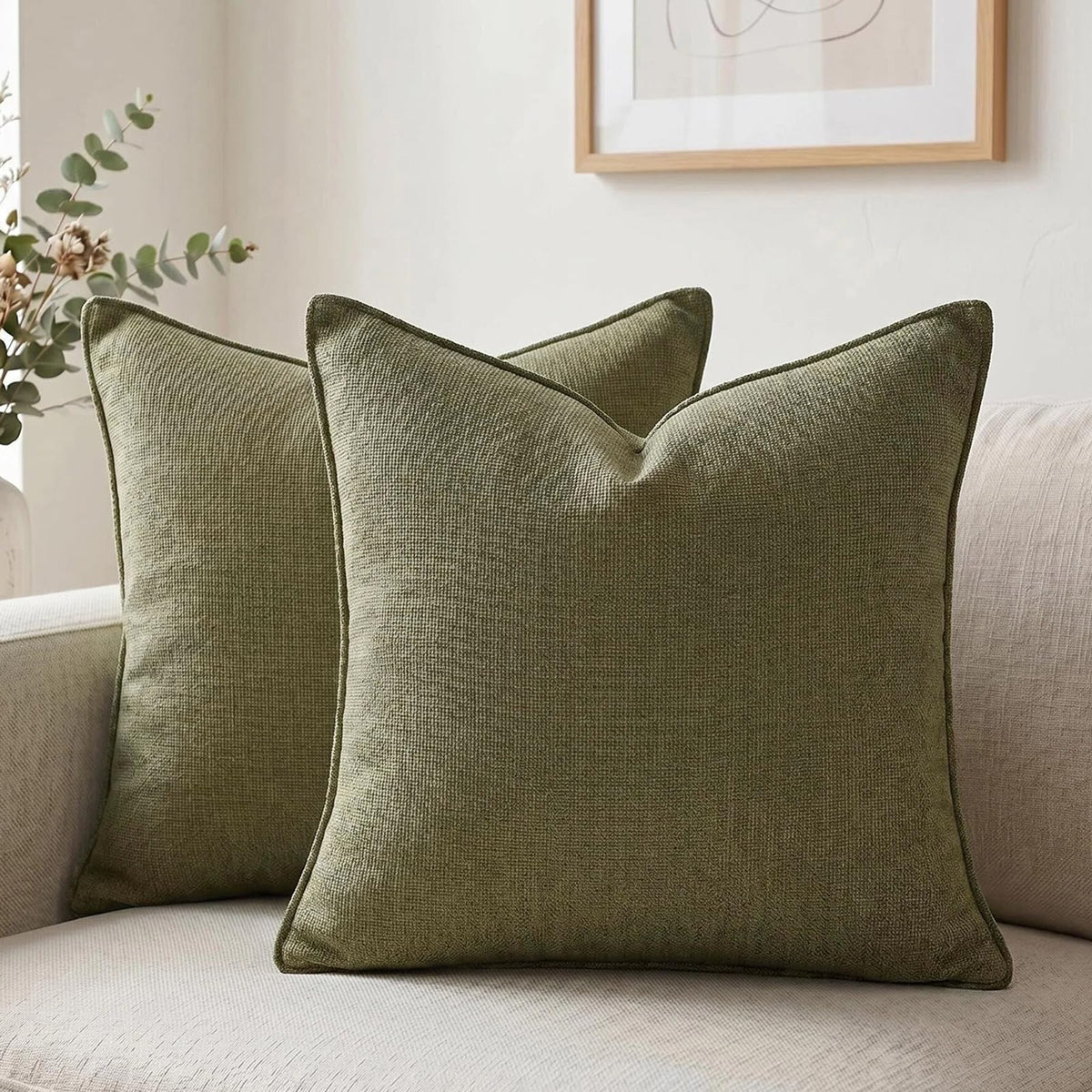Fancy Homi Set of 2 Sage Green 12x20 Inch Soft Chenille Decorative Throw Pillow Covers with Flange Edge, Lumbar Neutral Modern Boho Textured Cushion Case Home Decor for Couch Sofa Bed Living Room