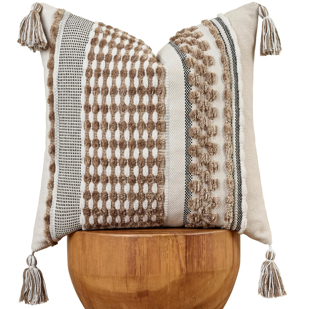 AmHoo Set of 2 Chenille Striped Textured Boho Throw Pillow Covers Aesthetic with Tassels Woven Decorative Pillow Case for Couch Bed Sofa Bedroom Modern Funky 18 x 18-Inch Brown