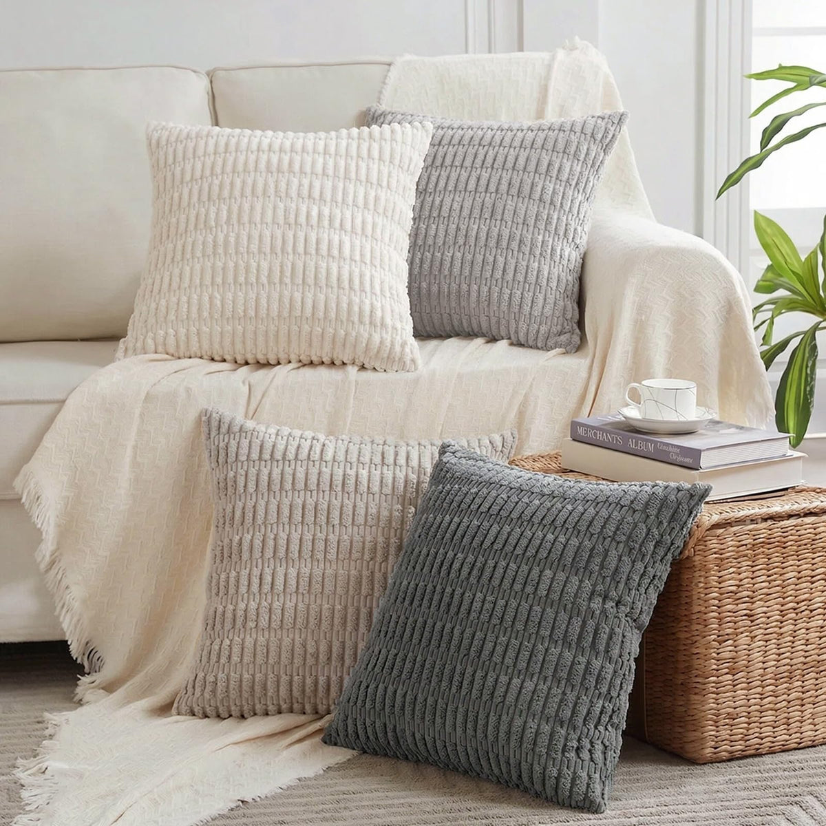 Fancy Homi 4 Packs Decorative Throw Pillow Covers for Living Room Couch Bed, Modern Farmhouse Boho Home Décor Accent Cushion Case, 18" x 18", Neutral