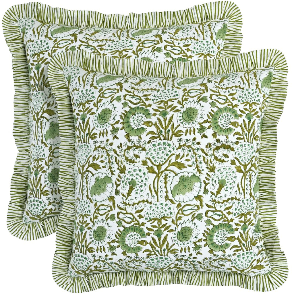 CPC Block Print Ruffle Throw Pillow Cover Emerald Green 20"x20", Pack of 2