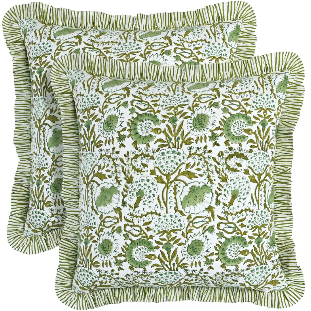 CPC Block Print Ruffle Throw Pillow Cover Emerald Green 20"x20", Pack of 2