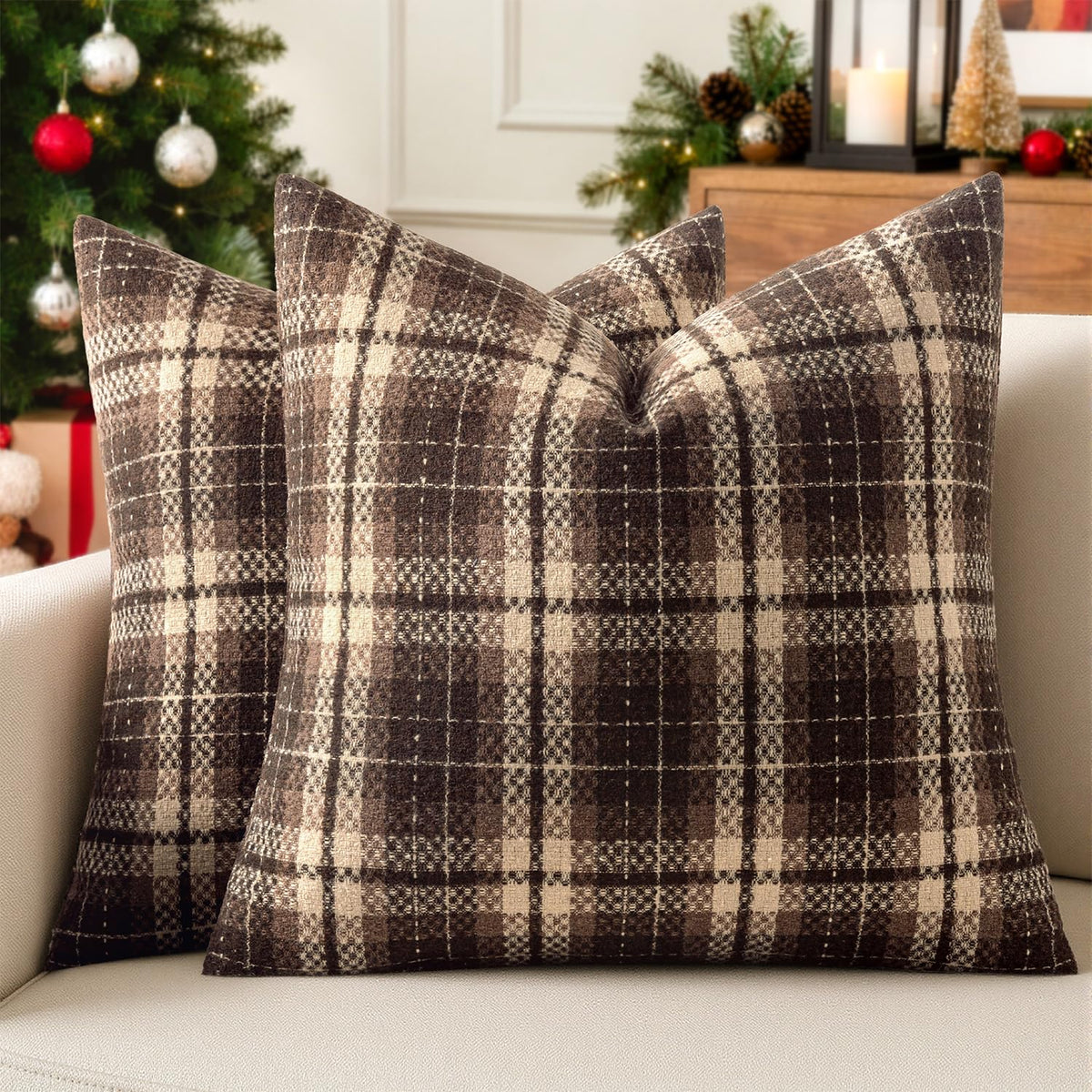 MIULEE Tartan Plaid Throw Pillow Covers Fall 18x18 Inch Coffee Brown