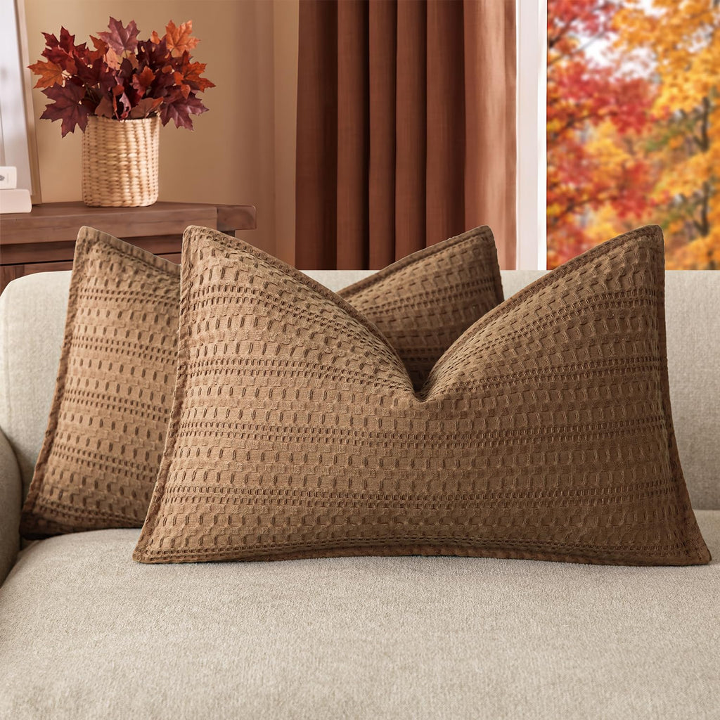 Foindtower Set of 2 Decorative Cotton Waffle Weave Textured Throw Pillow Covers Euro Sham Cushion Covers Accent European Pillowcase For Bed Couch Sofa Bedroom Living Room Home Decor 18×18 Inch Oatmeal