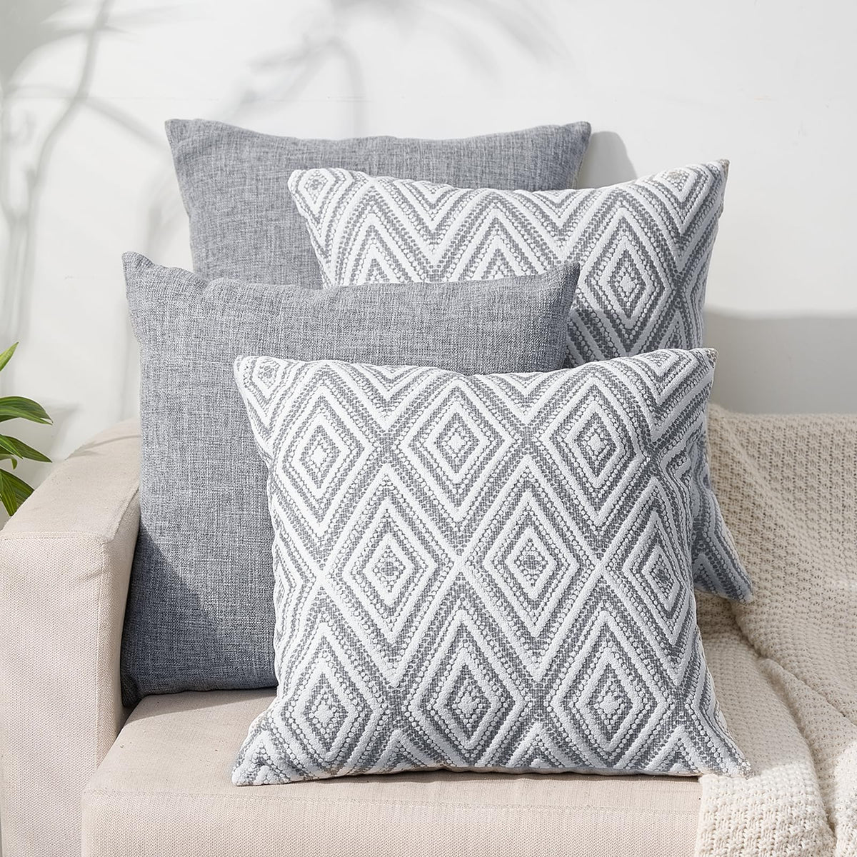 HPUK Throw Pillow Covers 18x18 Set of 4, Blue Patterned & Solid Covers