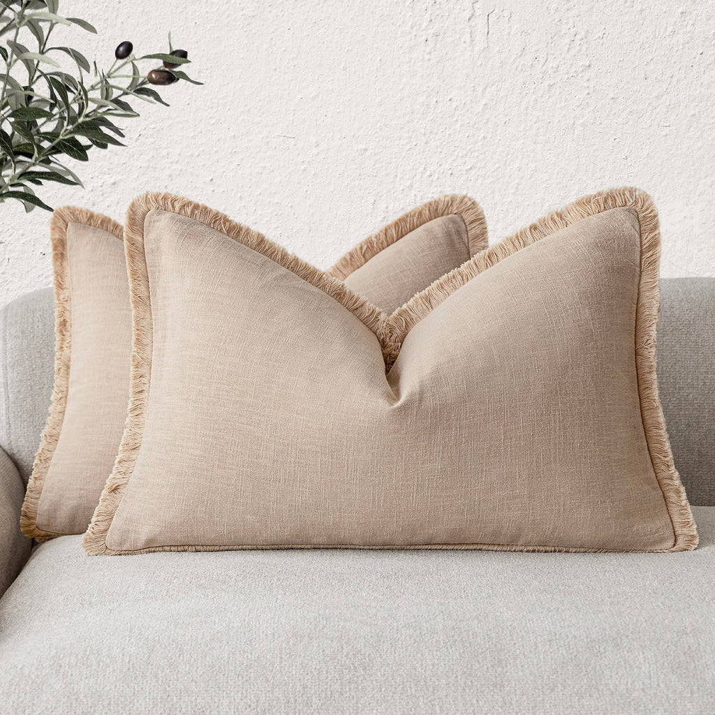 Foindtower Decorative Linen Fringe Throw Pillow Covers 18×18 Olive Green