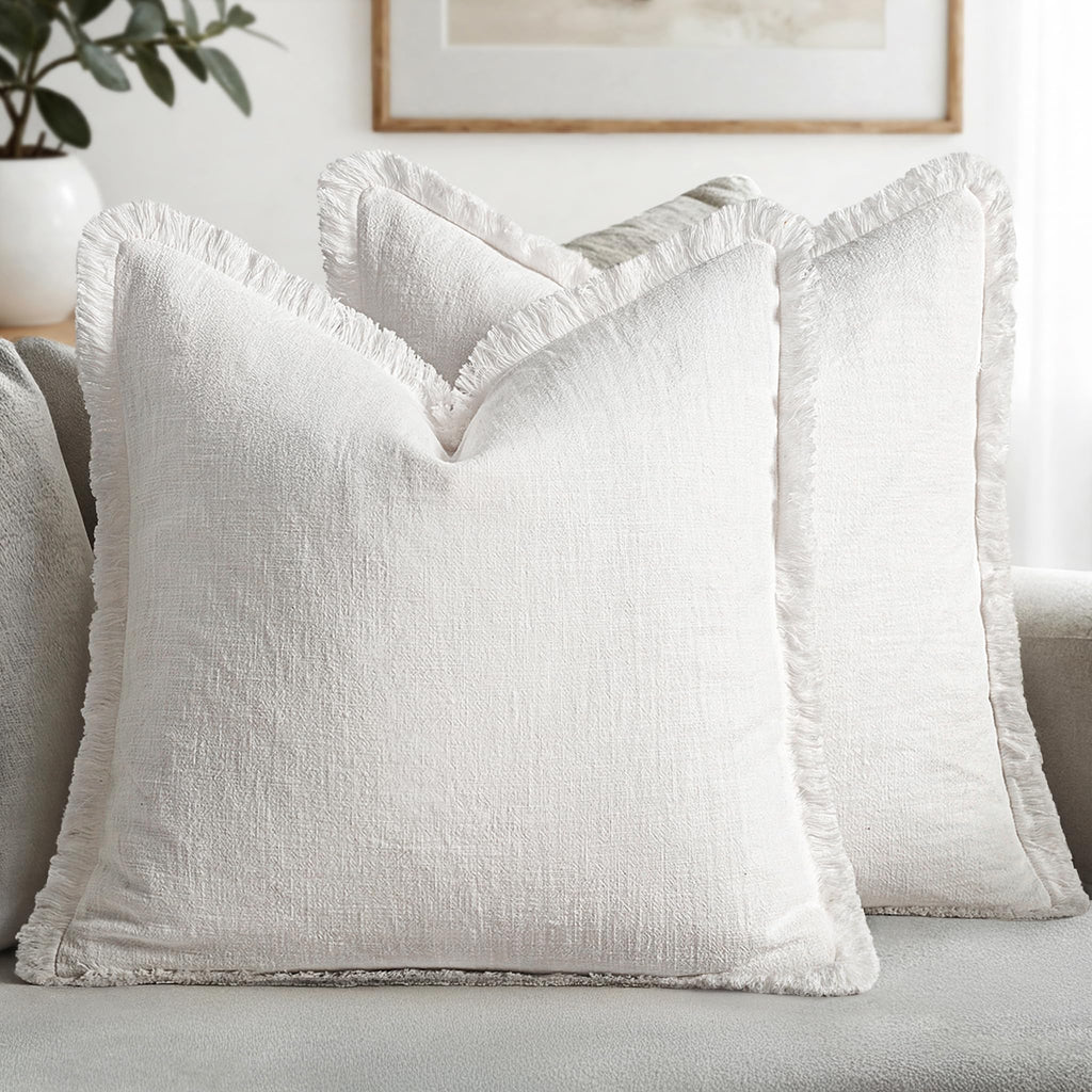 MIULEE Linen Fringe Decorative Throw Pillow Covers Natural Beige 20x20