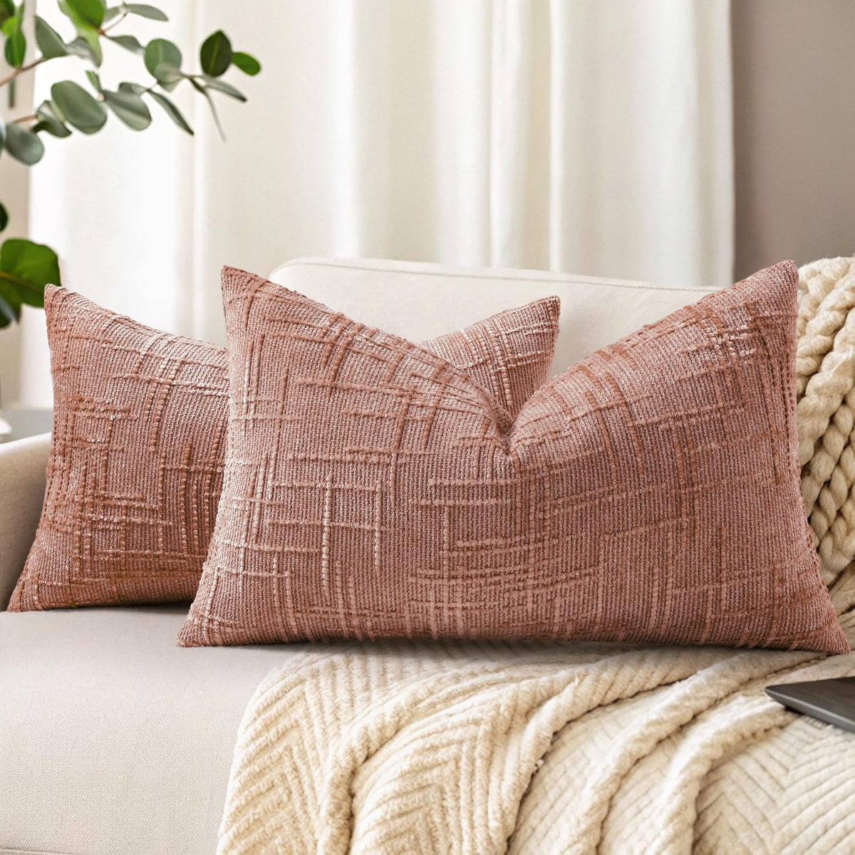 decorUhome Textured Chenille Throw Pillow Covers 18x18 Set of 2 Cream White