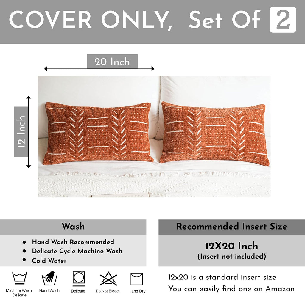 BlissBlush Decorative Lumbar Throw Pillow Covers 12X20 Set of 2, Brick Red Rust Boho Farmhouse Cushion Cover, Soft Accent Pillowcase for Couch Sofa Bed Living Room Home Décor